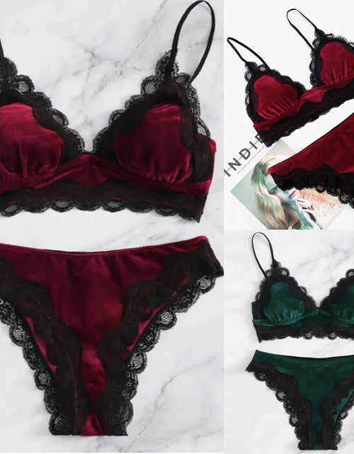 Load image into Gallery viewer, Solid Comfy Velvet Lingeries for Women Floral Lace Gathered Bras and Thong Set 2Pcs Seductive Lingerie Sexy Sleepwear Pajama Set
