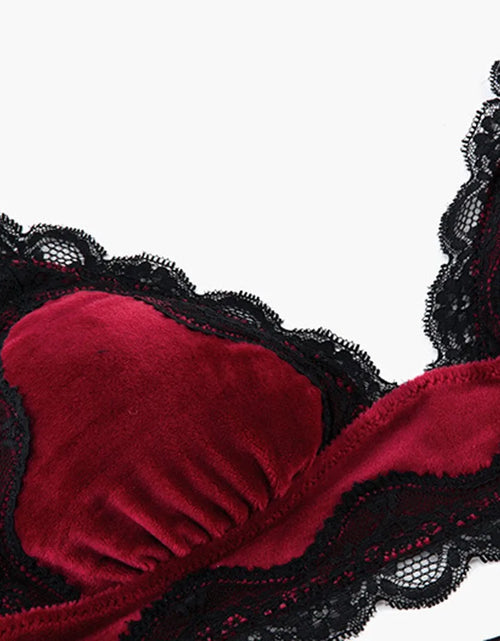 Load image into Gallery viewer, Solid Comfy Velvet Lingeries for Women Floral Lace Gathered Bras and Thong Set 2Pcs Seductive Lingerie Sexy Sleepwear Pajama Set
