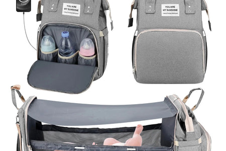 Diaper Bag Backpack, Multifunction Baby Bag with Changing Station, Foldable Crib, Insulation Milk Bottle Pocket, Waterproof Large Capacity Travel Bag with USB Charging Port, Gift for Mom Dad
