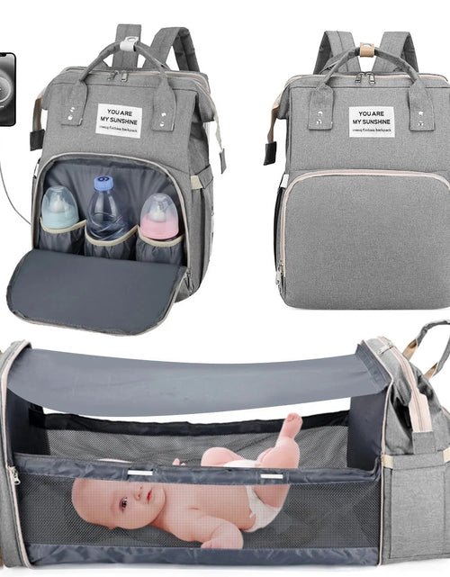 Load image into Gallery viewer, Diaper Bag Backpack, Multifunction Baby Bag with Changing Station, Foldable Crib, Insulation Milk Bottle Pocket, Waterproof Large Capacity Travel Bag with USB Charging Port, Gift for Mom Dad
